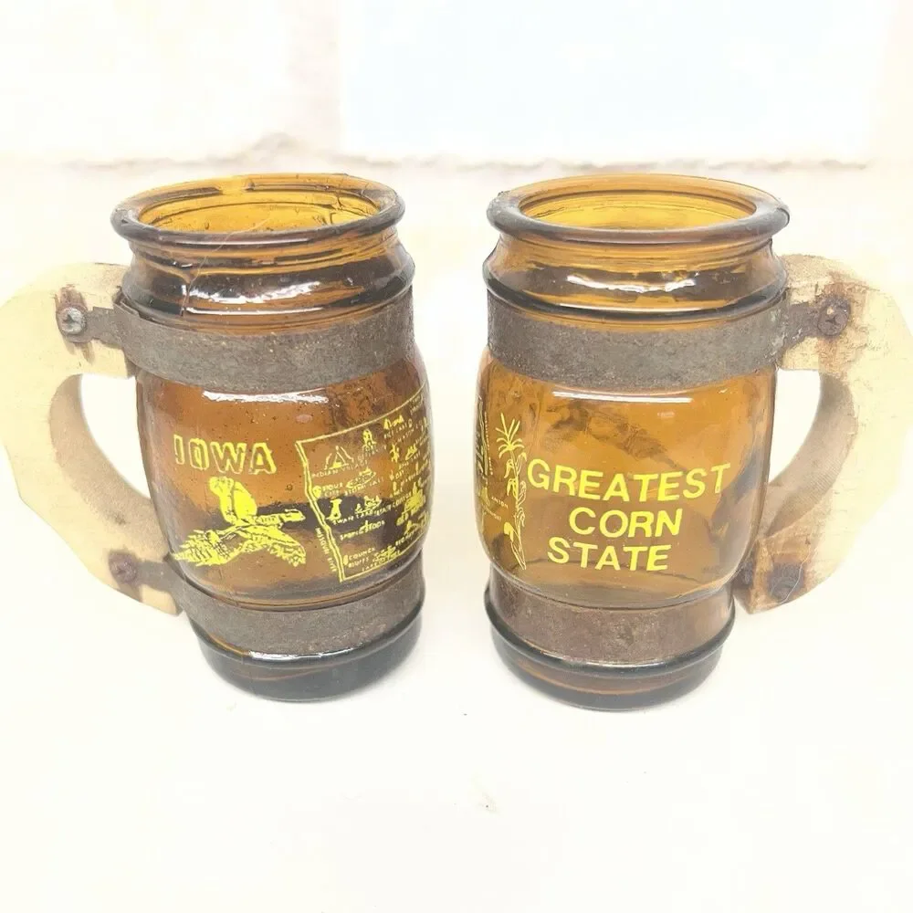 VTG Set of 2 -Iowa Greatest Corn State-Mini Mug/Stein -Wooden Handle 3”